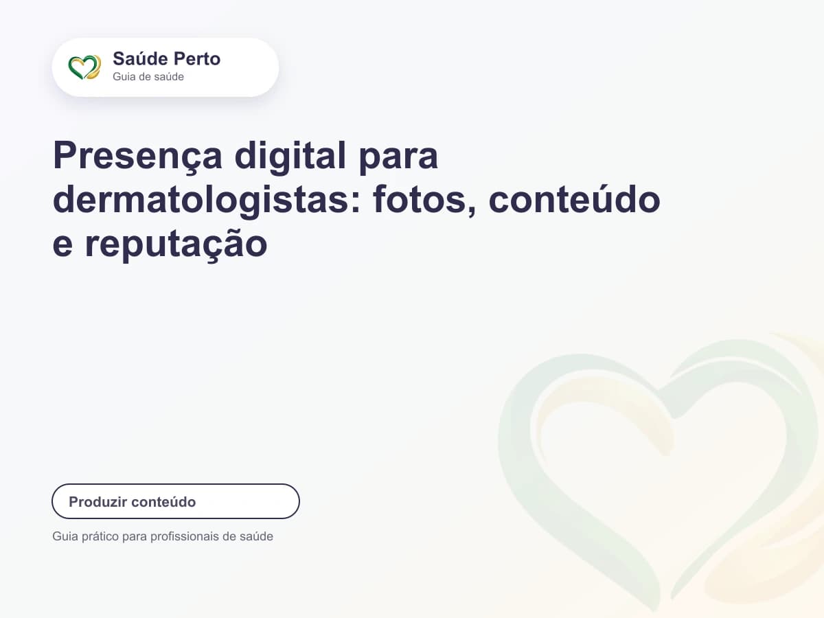 Arte editorial Saúde Perto com o título “Presença digital para dermatologistas: fotos, conteúdo e reputação”.