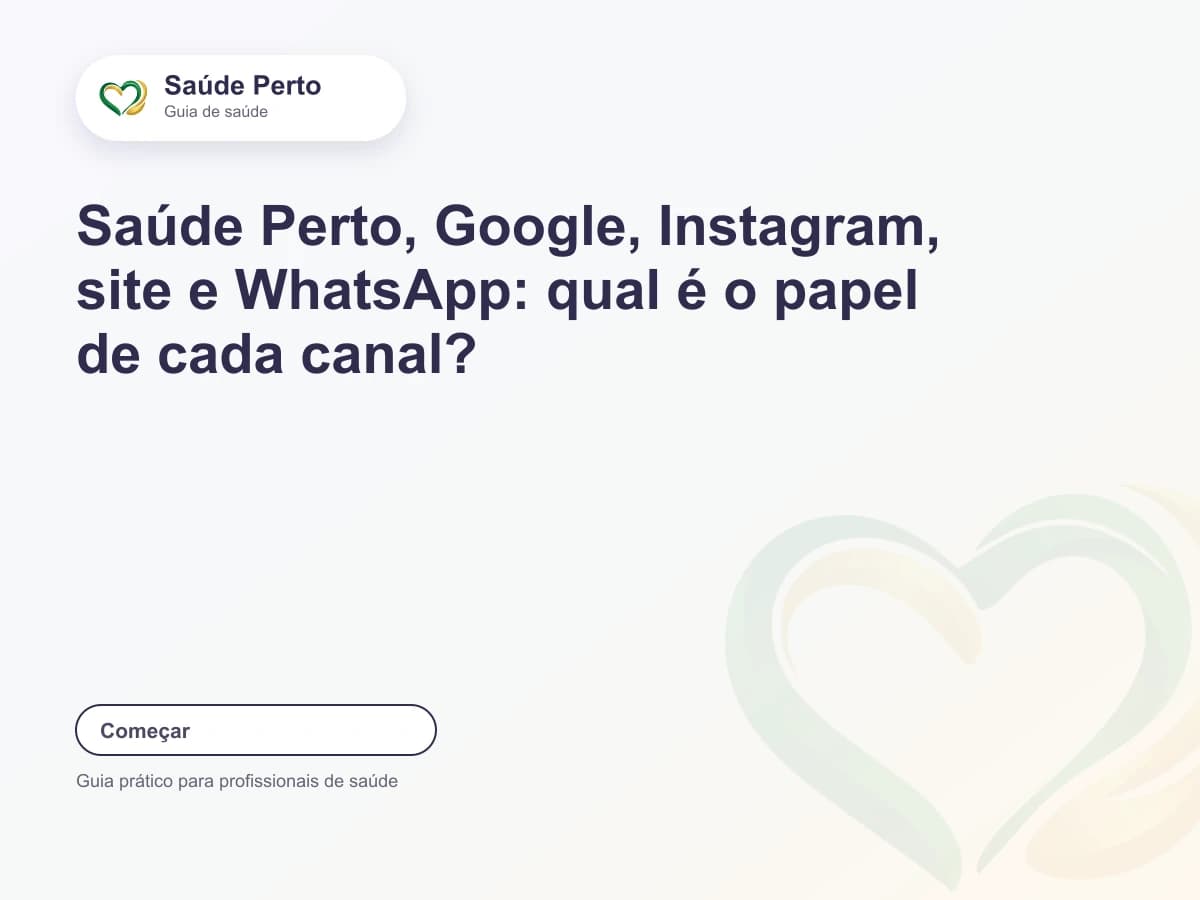 Arte editorial Saúde Perto com o título “Saúde Perto, Google, Instagram, site e WhatsApp: qual é o papel de cada canal?”.