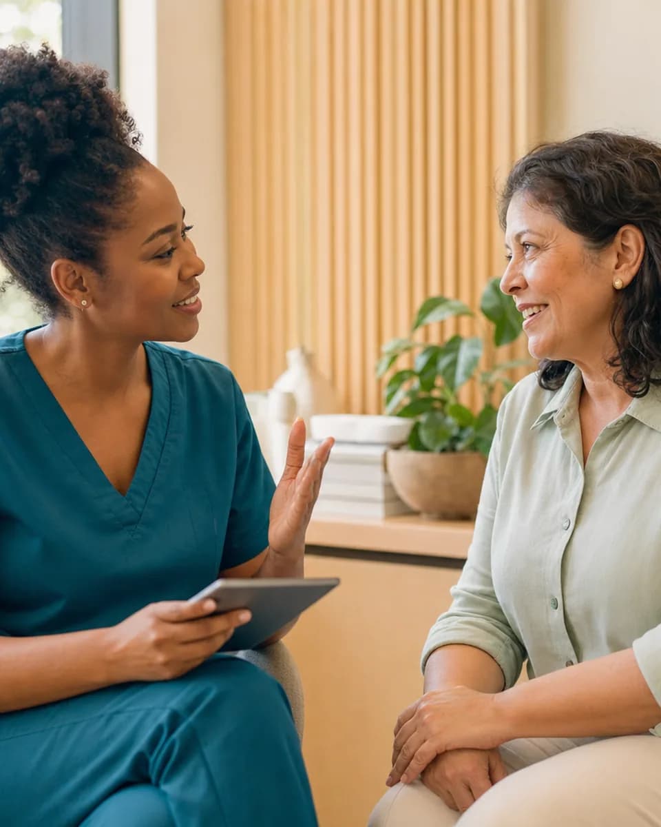Profissional de saúde conversa com uma paciente durante uma consulta